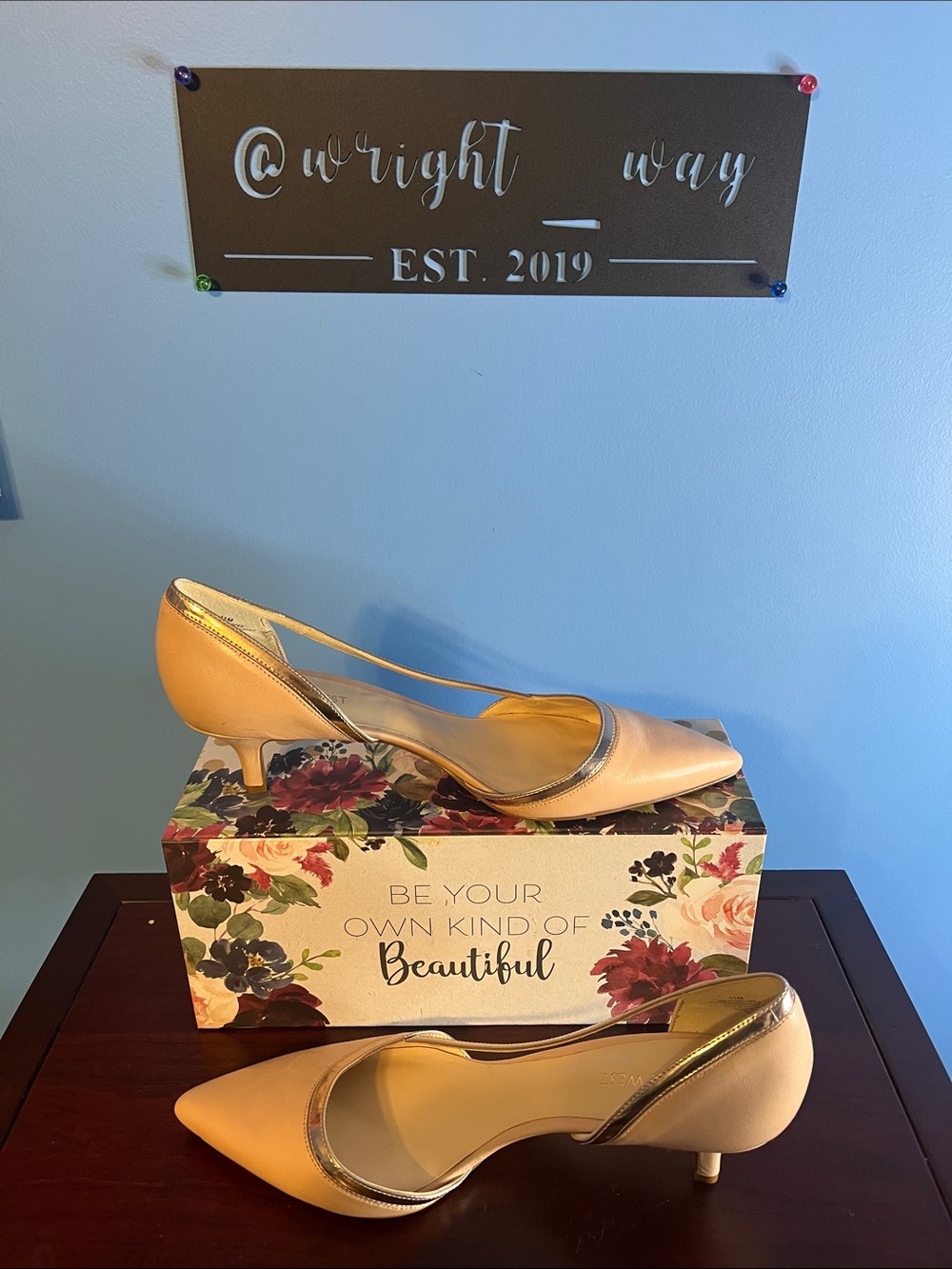 Nine West Beige D'Orsay Kitten Heels with Gold Trim, Size 11